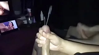 Gooner couple jerk off together watching porn